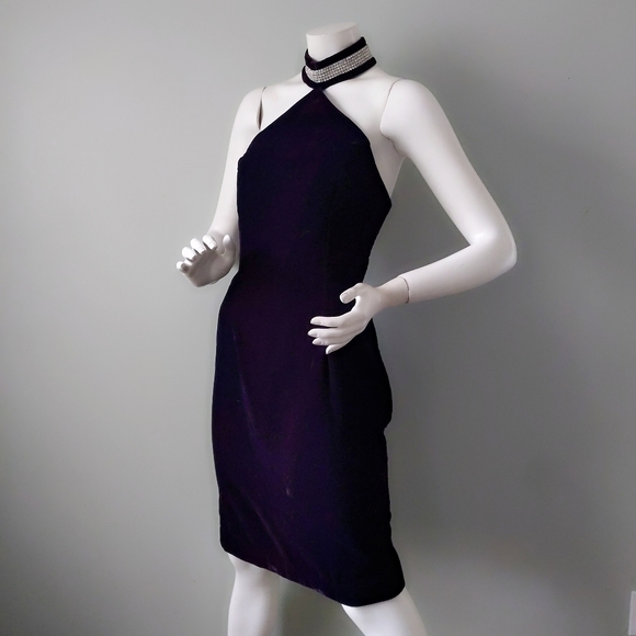 Vintage 90s Deep Purple Rhinestone Crystal Collar Halter Dress S M